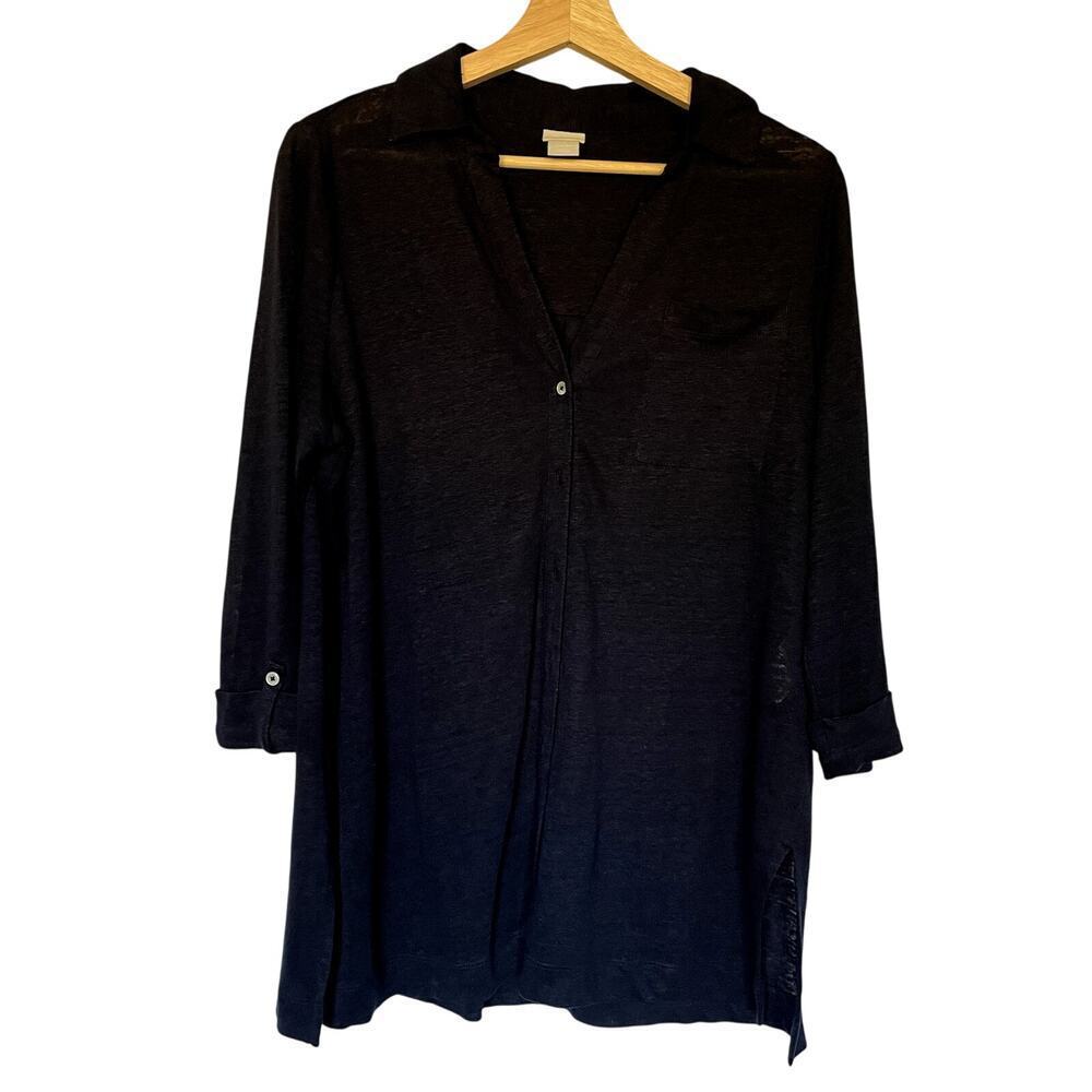 Chico's linen women's button down semi sheer top long sleeves size M flaw